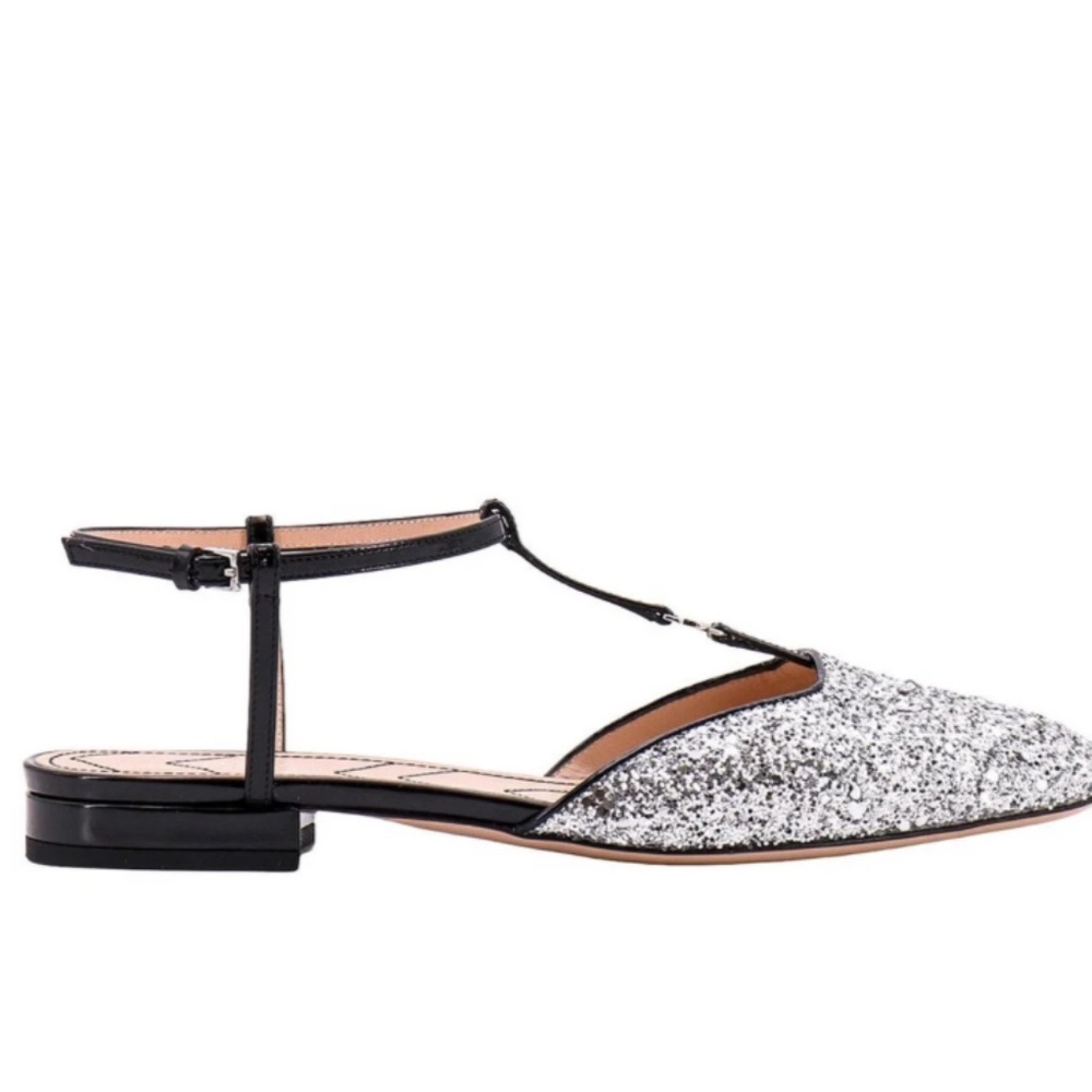 Gucci Calfskin Glitter Double G Slingback Flats